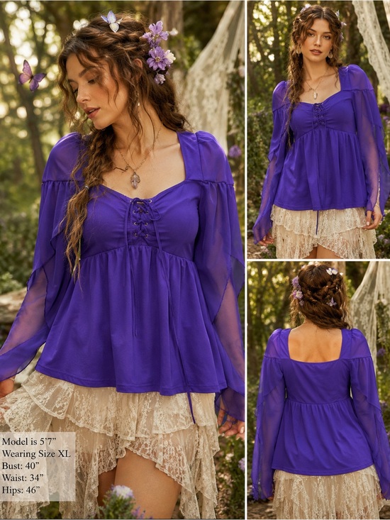 Unbranded Tops - Purple Fairycore Renaissance Lace Up Bell Sleeve Top